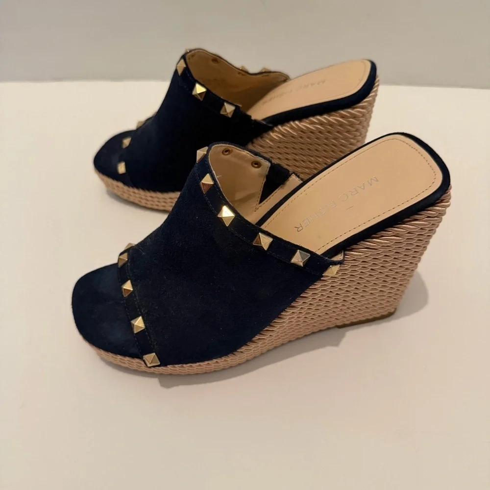 Marc Fisher Navy Suede Studded Wedge Slide Sandals Size 7.5